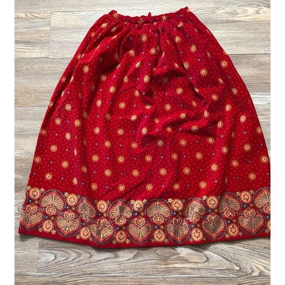 1970's Vintage Victor Costa Red Printed Velveteen Skirt Size Xs